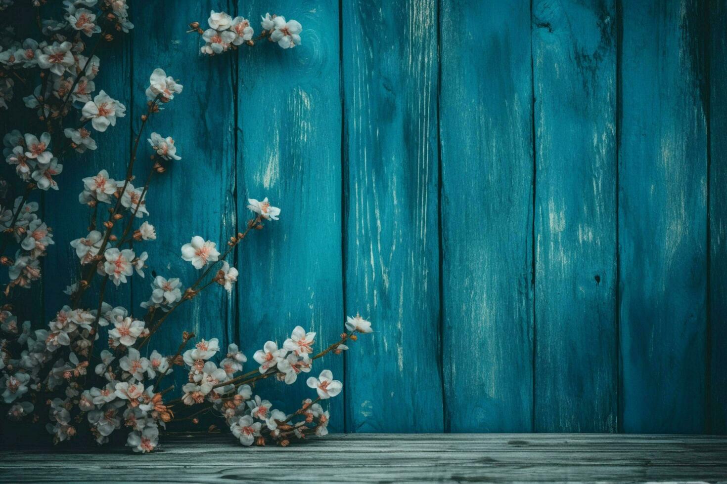 un' blu di legno sfondo con fiori su esso foto