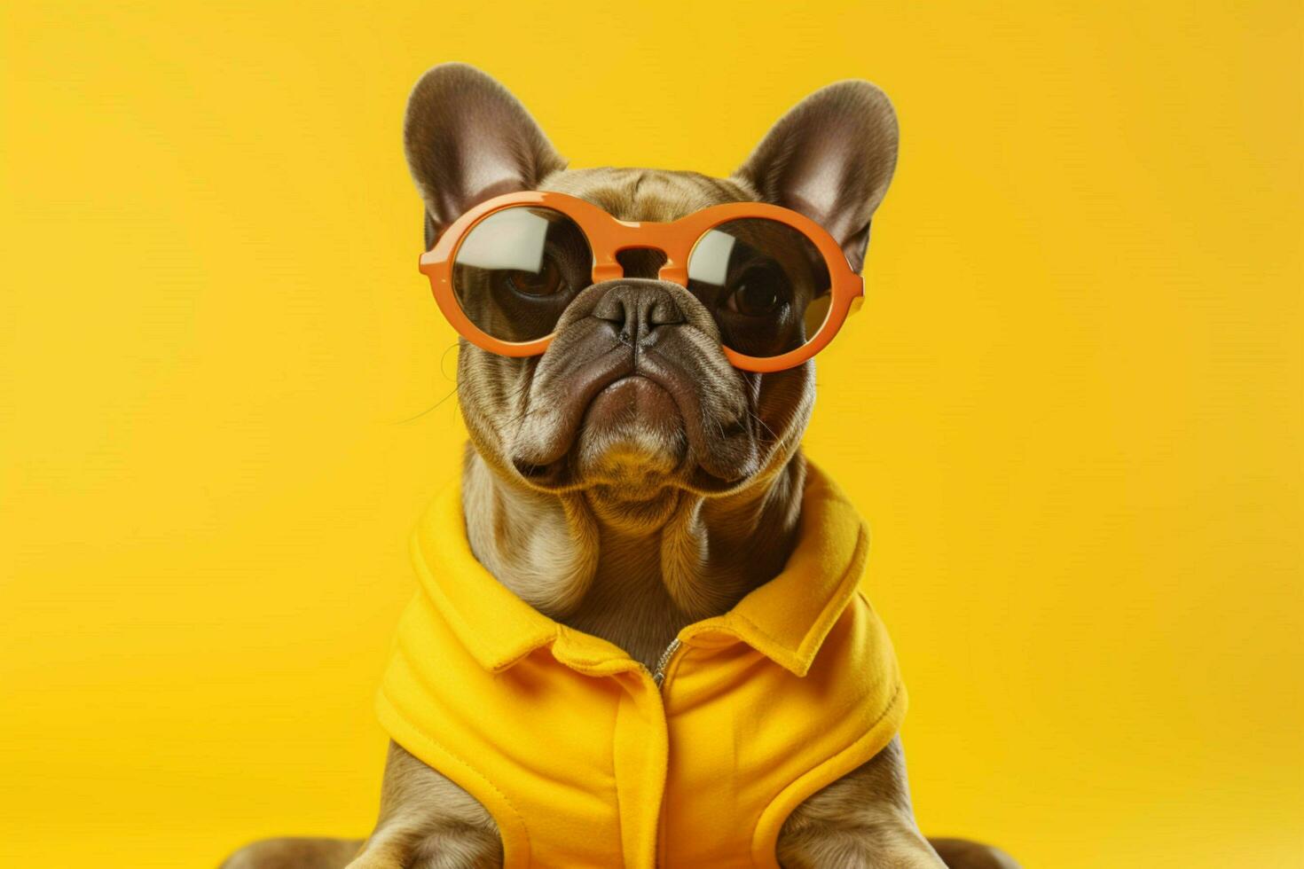 un' francese bulldog indossare giallo bicchieri si siede su un' foto