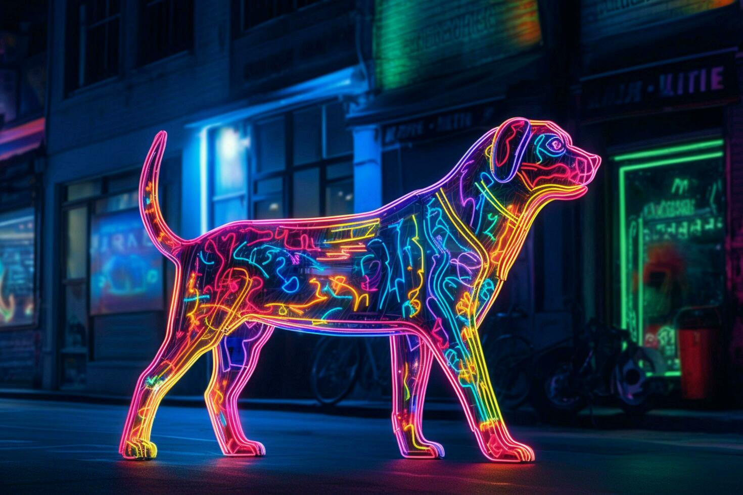un' neon leopardo cane nel un' città foto