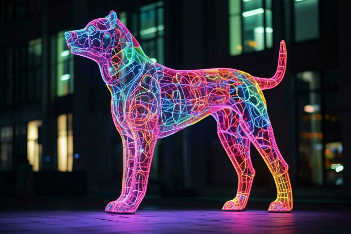 un' neon leopardo cane nel un' città foto