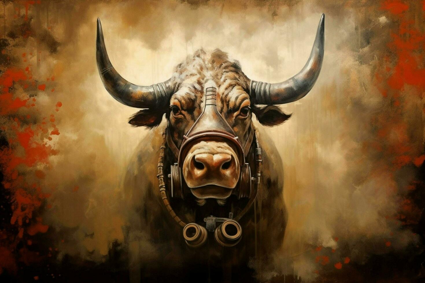 un' pittura di un' Toro con un' gas maschera su esso foto
