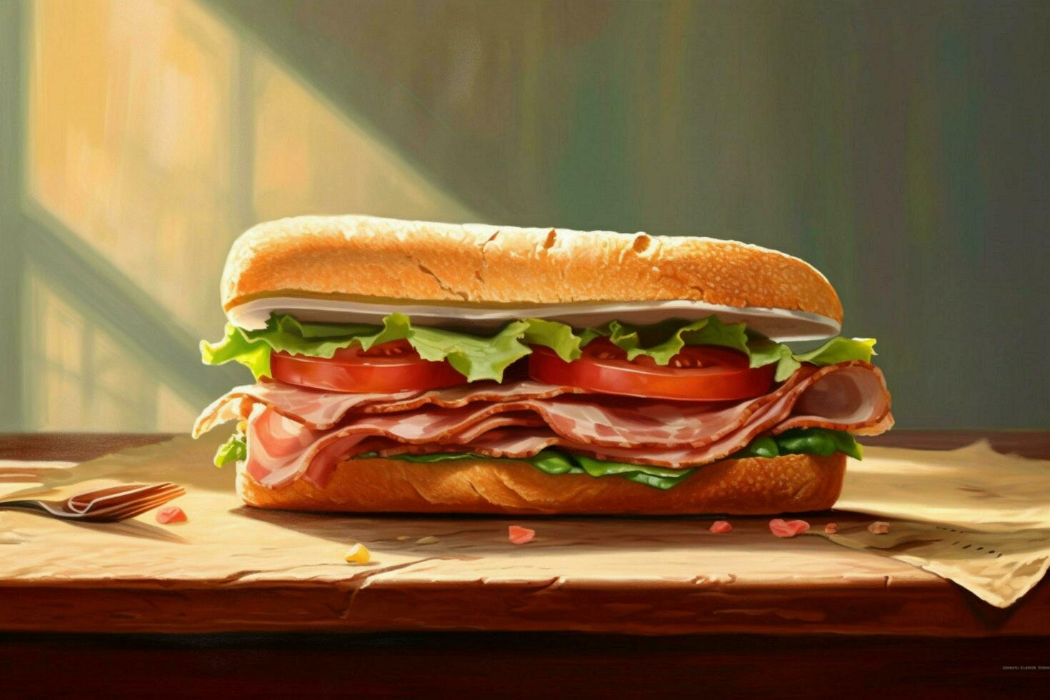 un' Sandwich fatto di spagnolo serrano prosciutto su un' tavolo foto