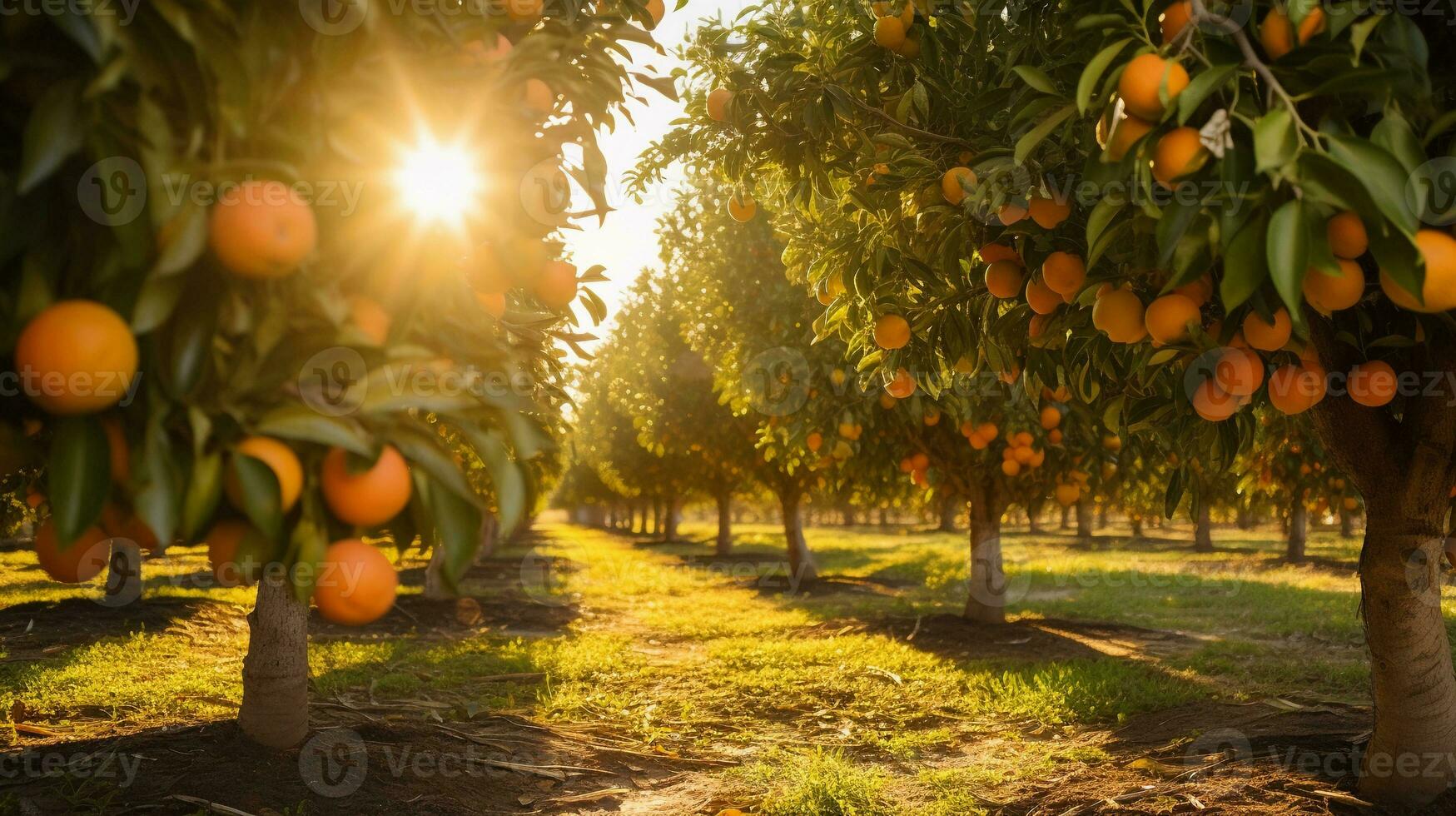 righe di arancia alberi laden con maturo frutta nel un' illuminata dal sole frutteto ambientazione. frutteto, raccolto, maturo frutta, soleggiato, arancia alberi. ai generato. foto