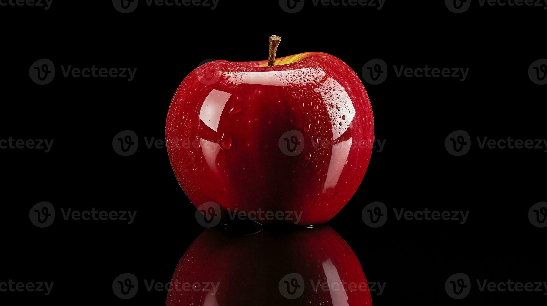 un' rosso Mela posto vicino un' riflessivo superficie, cattura suo riflessione e aggiungendo un artistico torcere per il Immagine. Mela riflessione, rosso mela, riflessivo superficie, ai generato. foto