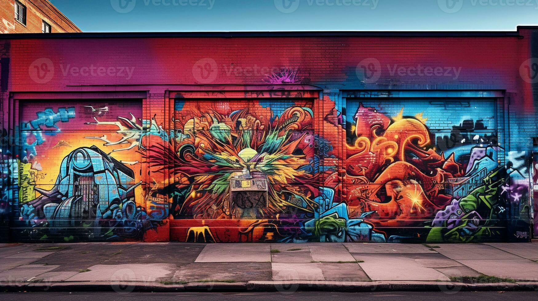 un' vivace fotografia di un' coperto di graffiti urbano parete, in mostra il eclettico textures creato di strati di strada arte. ai generato. foto