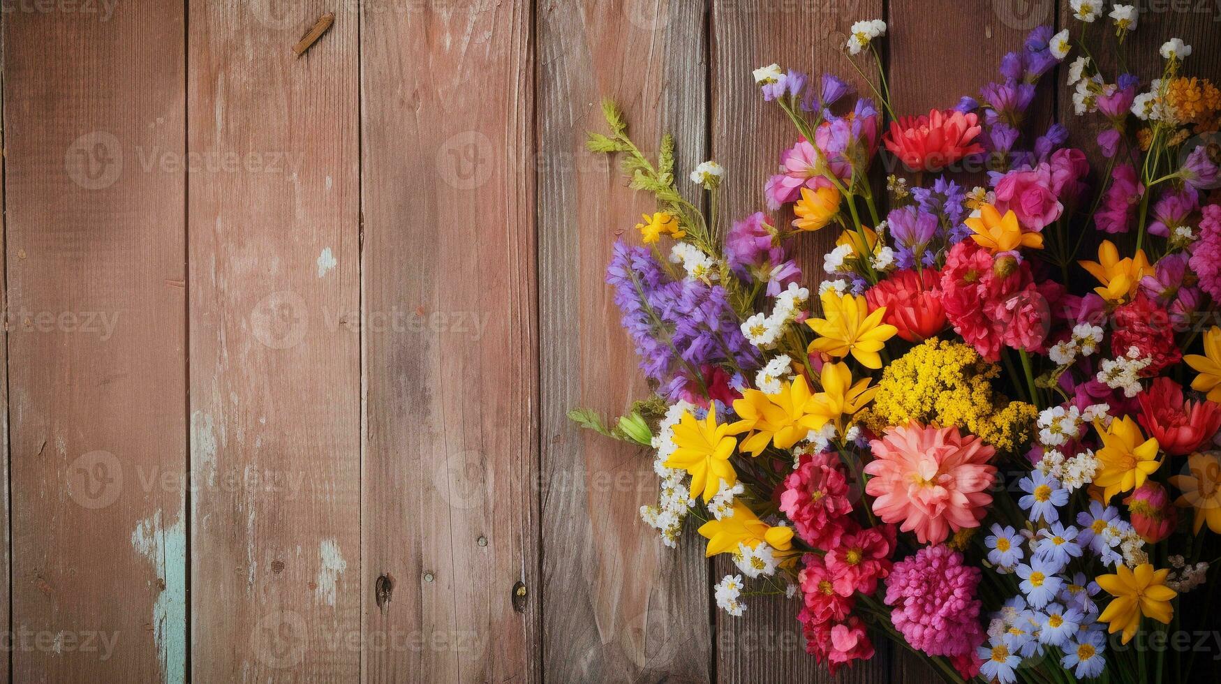 un' colorato mazzo di fiori selvatici impostato contro un vecchio di legno fienile porta con grande spazio per testo, il rustico struttura la creazione di un' affascinante fondale per il tuo testo. ai generato. foto