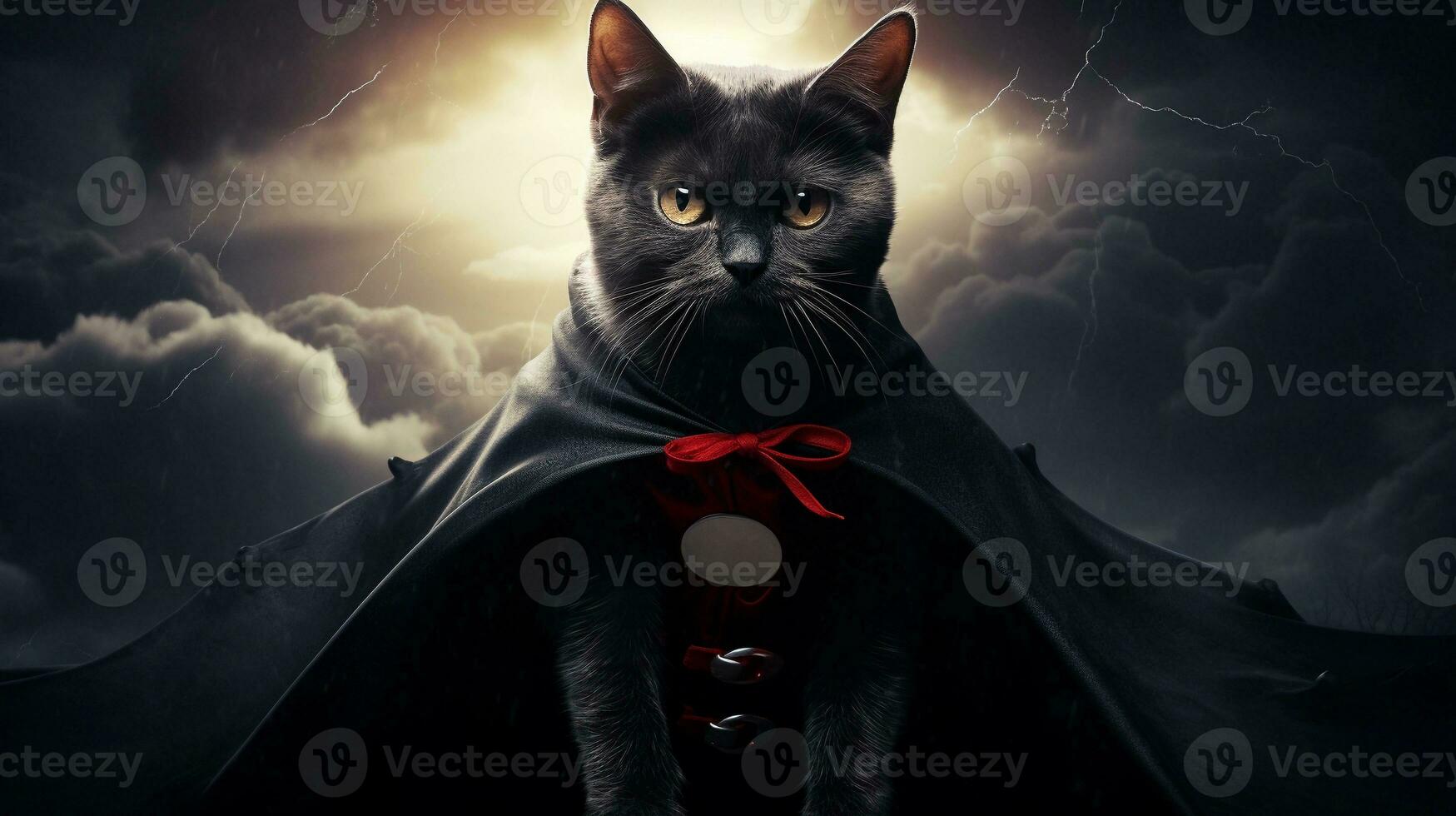 un' divertente Halloween gatto indossare un' spaventoso vampiro mantello, impostato contro un' strutturato illuminato dalla luna notte sfondo con pipistrelli e misterioso nebbia. ai generato foto