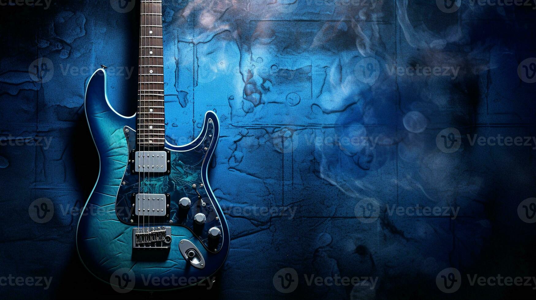 un Immagine di un elettrico chitarra nel un' lunatico, blues atmosfera, con strutturato illuminazione e sfondo quello catturare il essenza di blues musica, e designato le zone per testo. ai generato foto