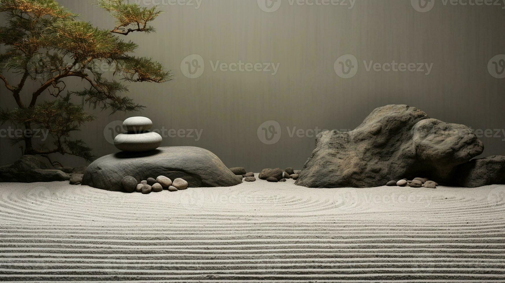 un Immagine in mostra il sereno bellezza di un' tradizionale giapponese zen giardino con meticolosamente rastrellato ghiaia e accuratamente posto pietre, con spazio per testo. sfondo Immagine, ai generato foto