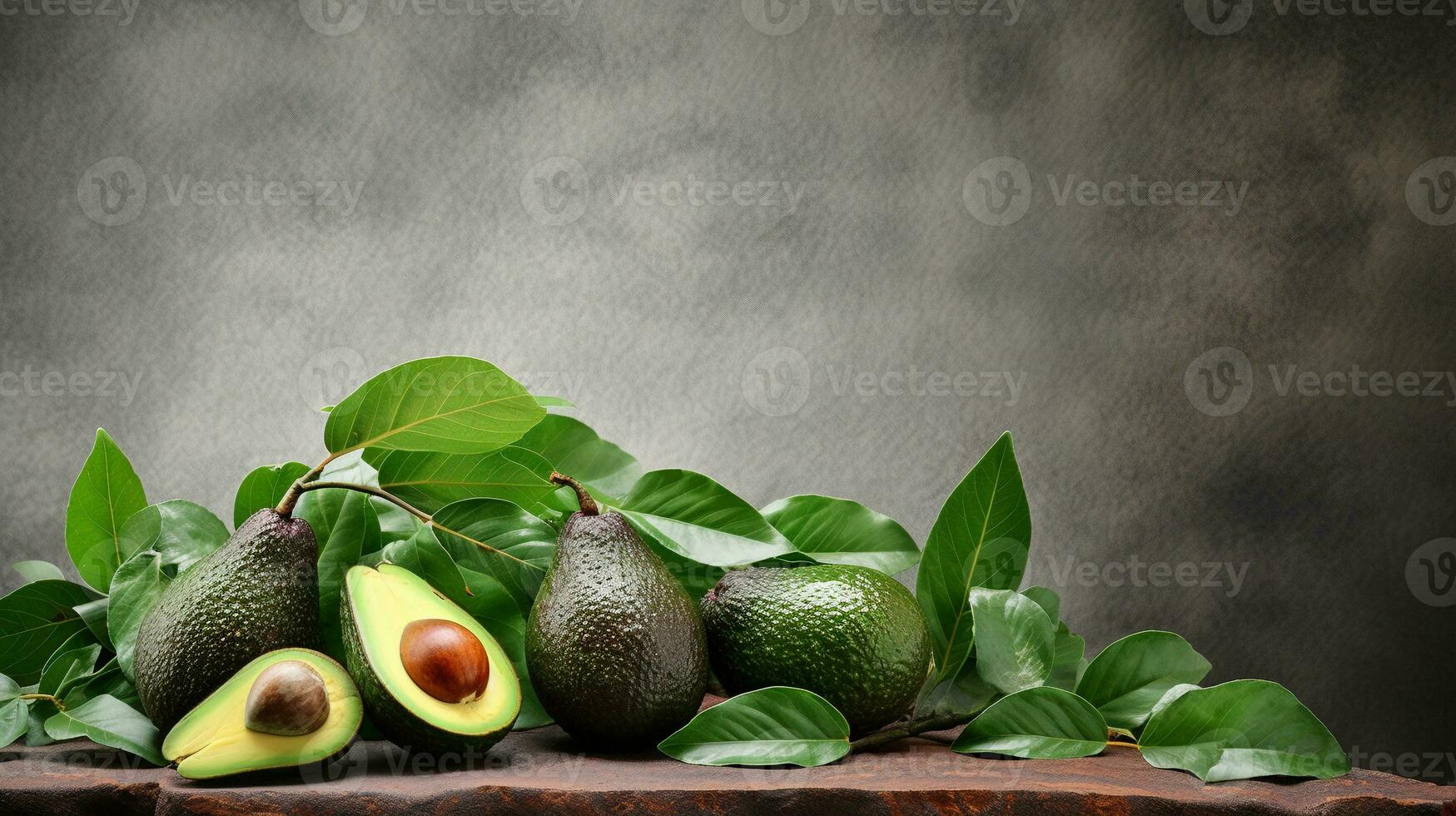 un Immagine in mostra appena raccolto avocado con le foglie e rami, impostato contro un' rustico strutturato sfondo. partire spazio per testo, sfondo Immagine, ai generato foto