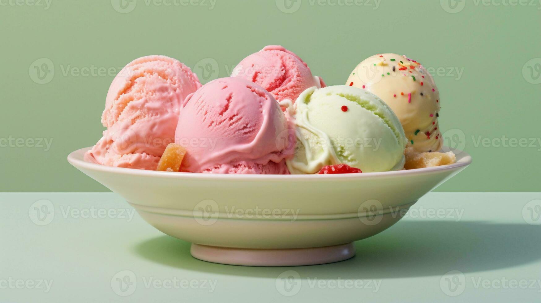 un Immagine con scoop di cremoso, colori pastello ghiaccio crema disposte meravigliosamente nel un' ciotola o cono, impostato contro un' morbido pastello sfondo, sfondo Immagine, ai generato foto
