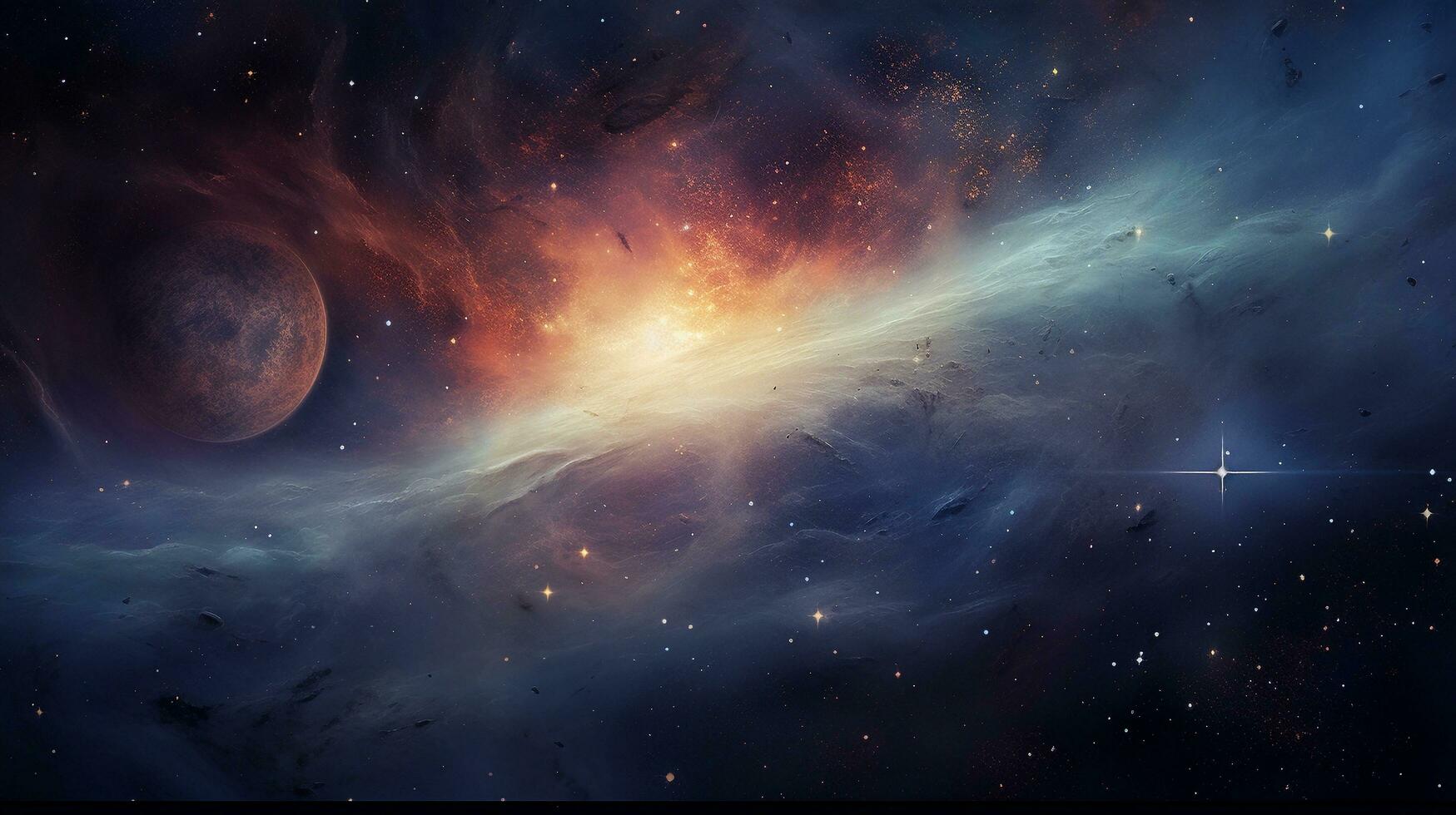 un Immagine con un' mozzafiato Visualizza di lontano galassie, stelle, e nebulose nel interstellare spazio, impostato contro un' strutturato cosmico sfondo. permettere spazio per testo, sfondo Immagine, ai generato foto