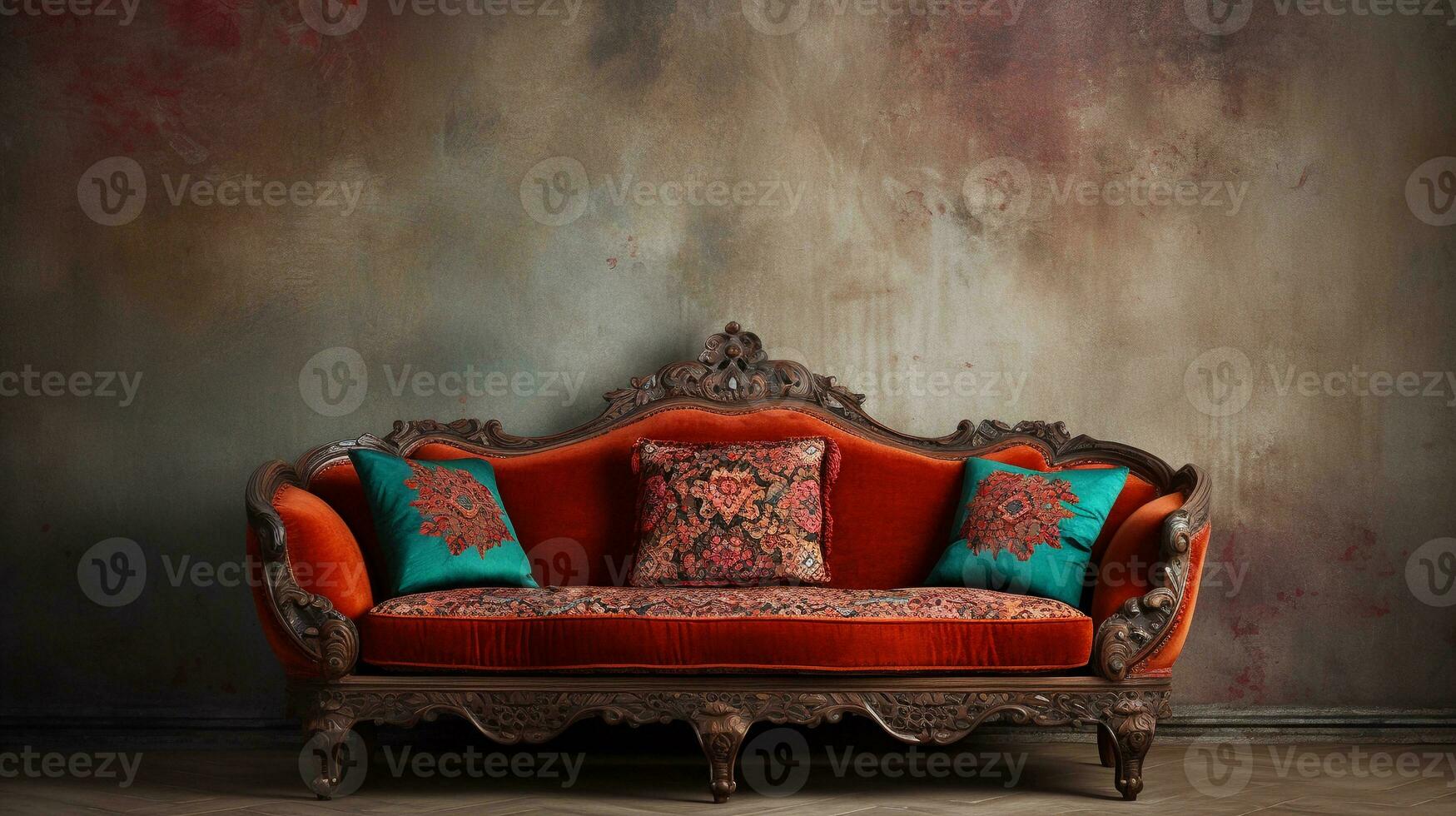 Immagine di un' bellissimo tradizionale divano con spazio per testo e strutturato parete sfondo, sfondo Immagine, ai generato foto