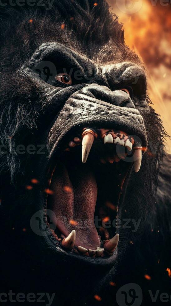 avvicinamento di ruggente arrabbiato maschio gorilla con strutturato sfondo e enorme spazio per testo, verticale formato, sfondo Immagine, generativo ai foto