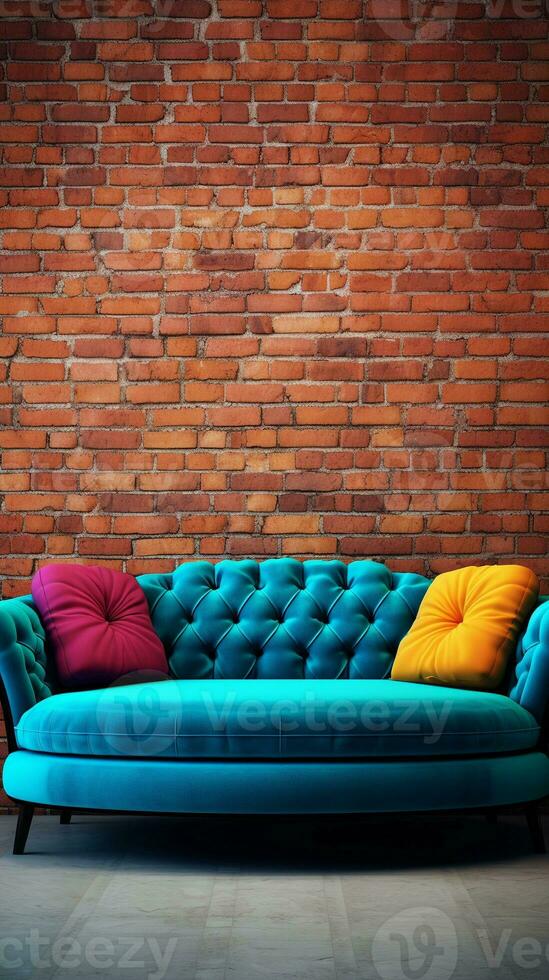Immagine di un' bellissimo vivace colorato divano con spazio per testo e strutturato vivace mattone parete sfondo, verticale formato, sfondo Immagine, generativo ai foto