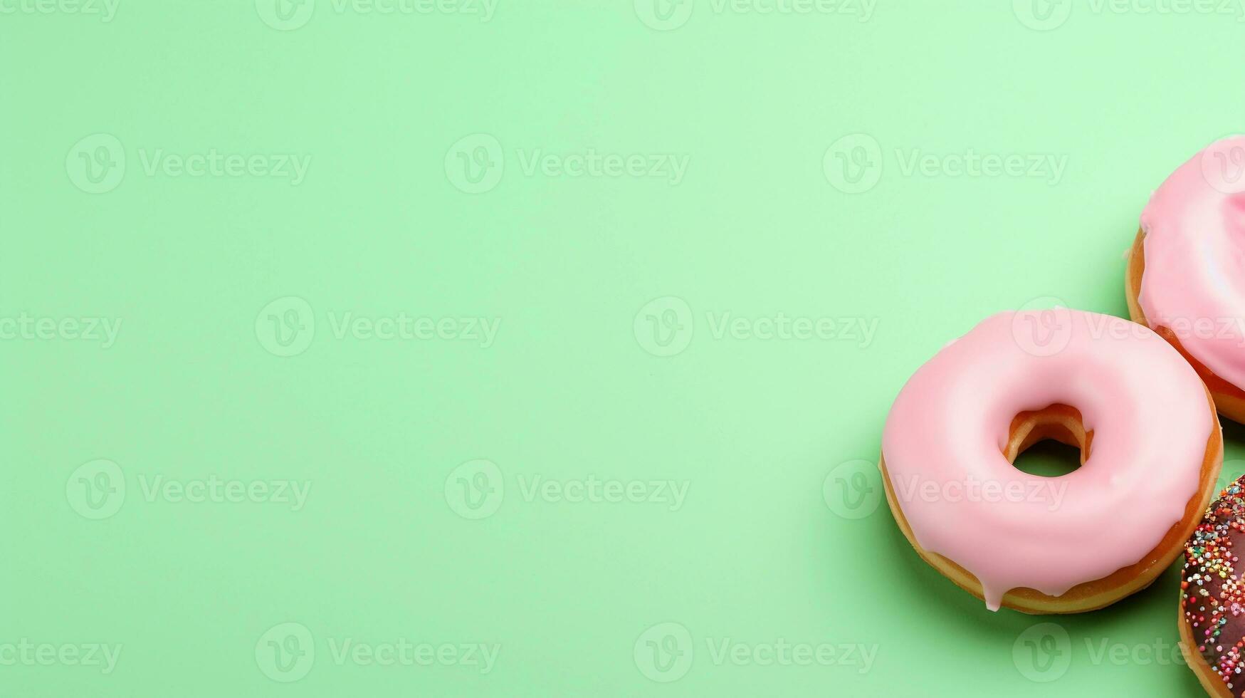 delizioso ciambelle su un' leggero verde sfondo con spazio per testo su il lato, sfondo Immagine, generativo ai foto