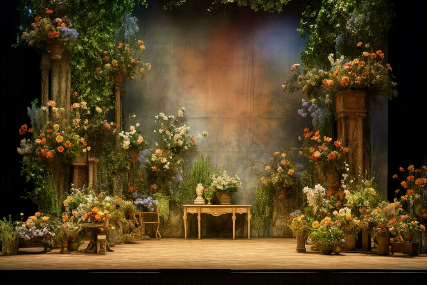 il palcoscenico di il palcoscenico con fiori e un' palcoscenico foto