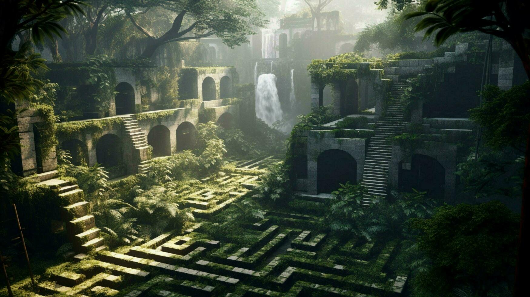 un' fantasia labirinto nel giungla alto muri di calcestruzzo foto