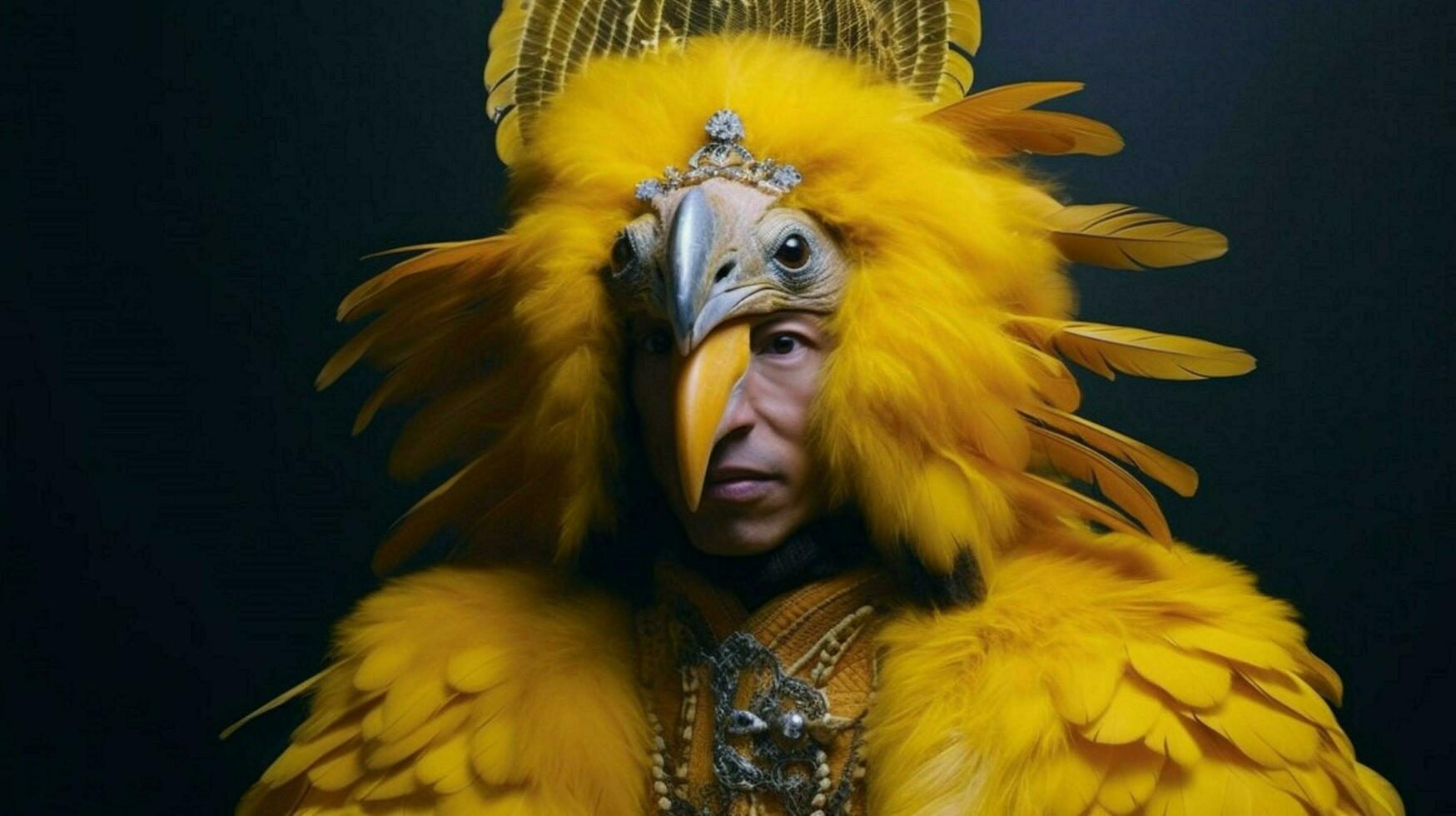 un' uomo nel un' uccello costume con un' giallo piumato h foto