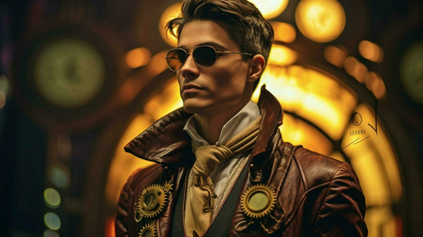 un' uomo nel un' steampunk stile giacca e bicchieri spirito foto