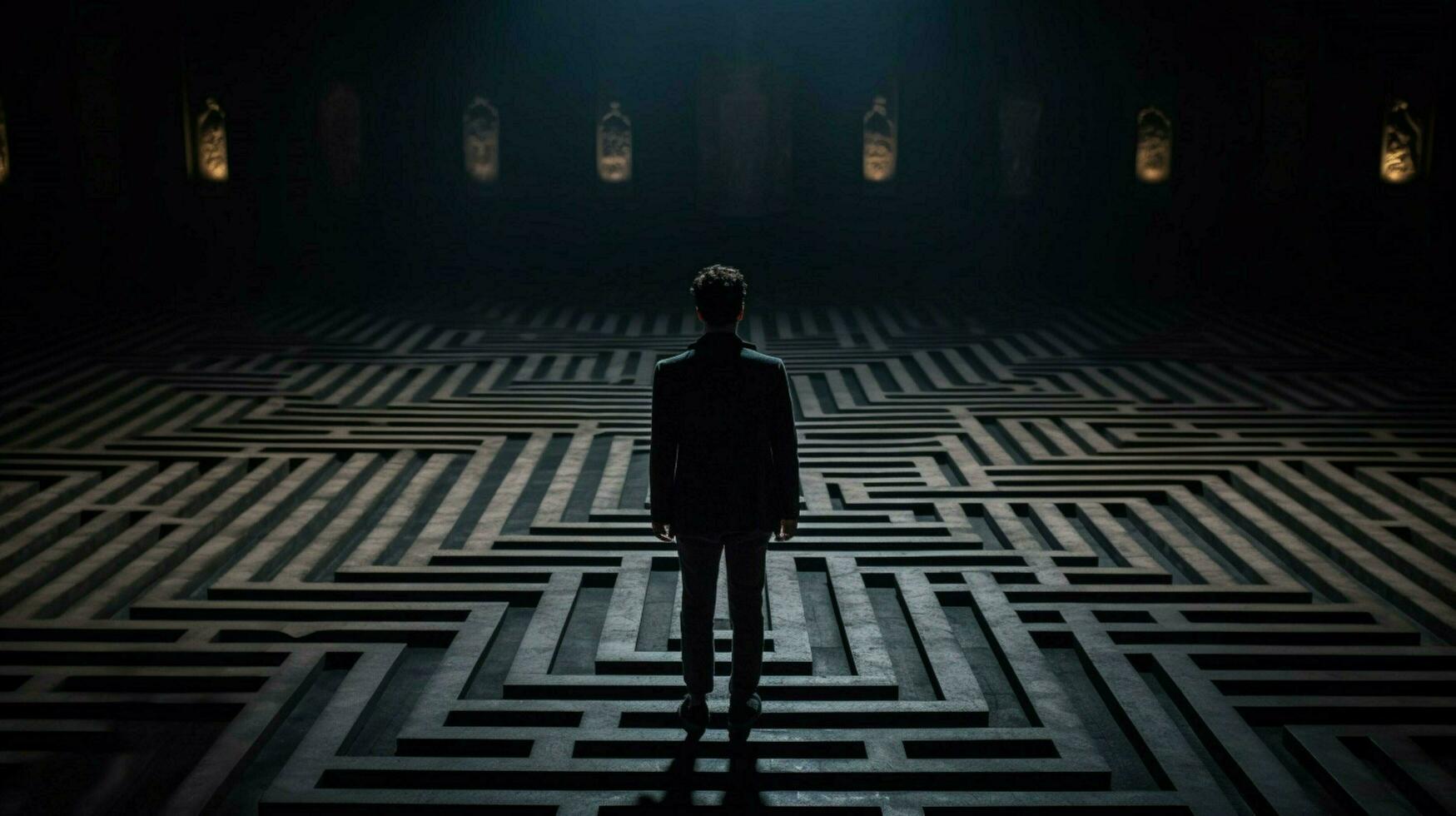 un' uomo sta nel un' buio camera con un' labirinto su il fl foto