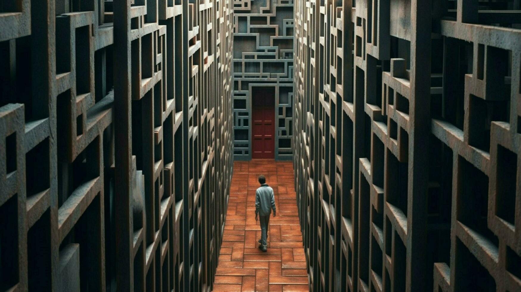 un' uomo passeggiate attraverso un' labirinto con il porta Aperto foto