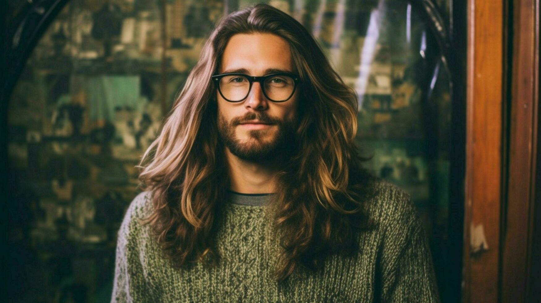 un' uomo con lungo capelli indossare bicchieri e un' maglione foto