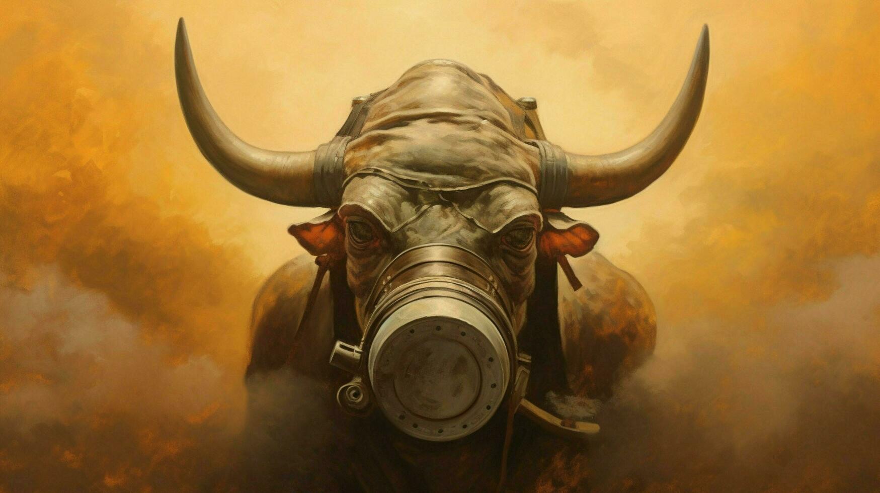 un' pittura di un' Toro con un' gas maschera su esso foto