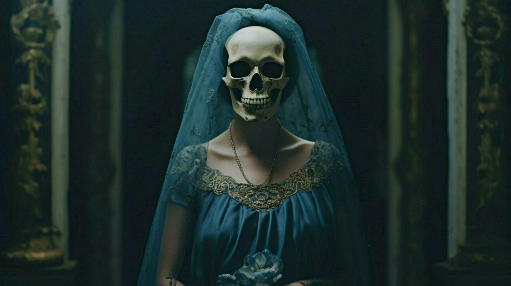 un' donna nel un' blu vestito con un' cranio maschera su sua foto