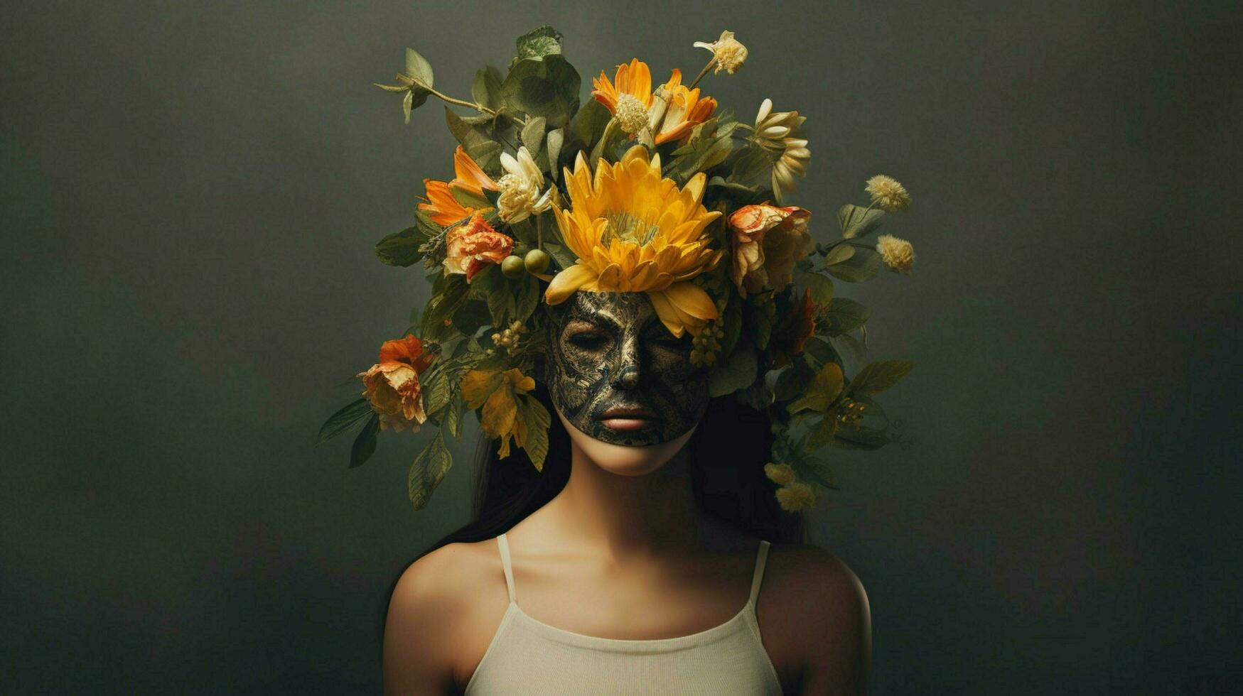 un' donna nel un' maschera con un' fiore su sua testa foto