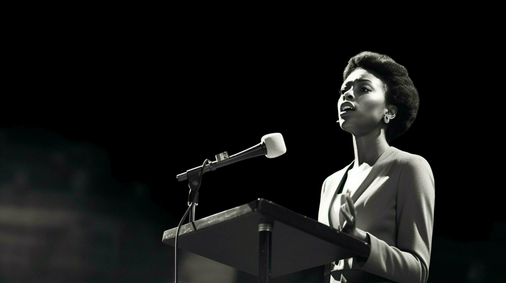 un' donna parla in un' microfono a un' podio foto