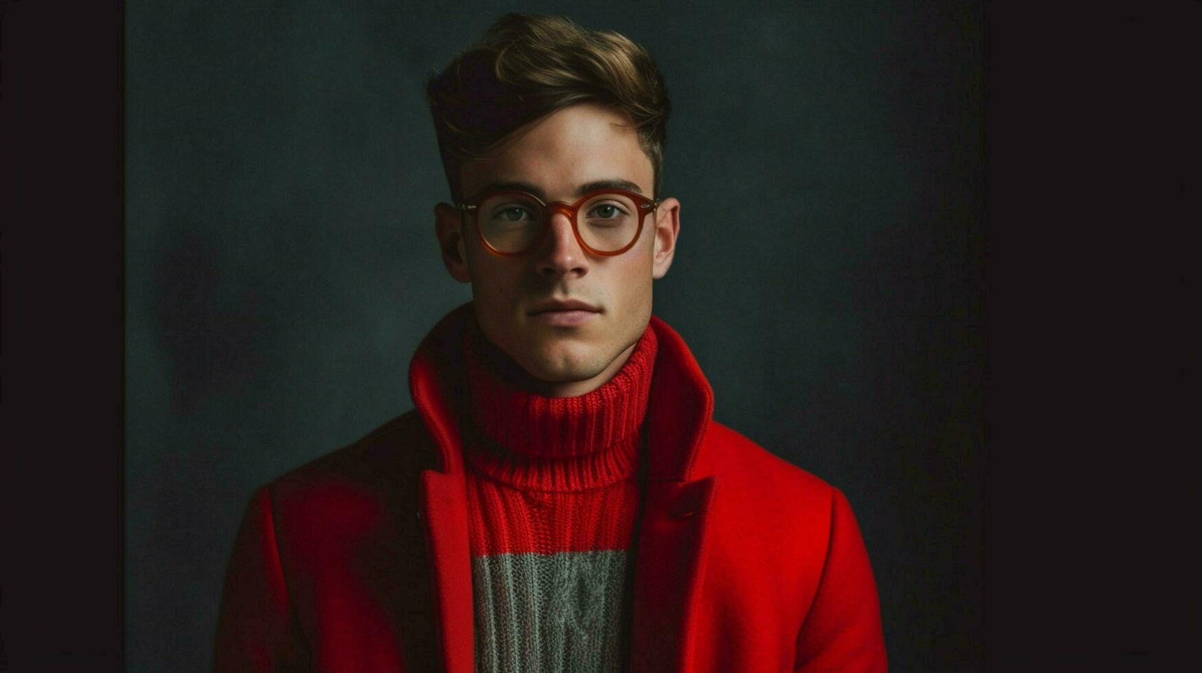 un' giovane uomo indossare bicchieri con un' rosso maglione un foto