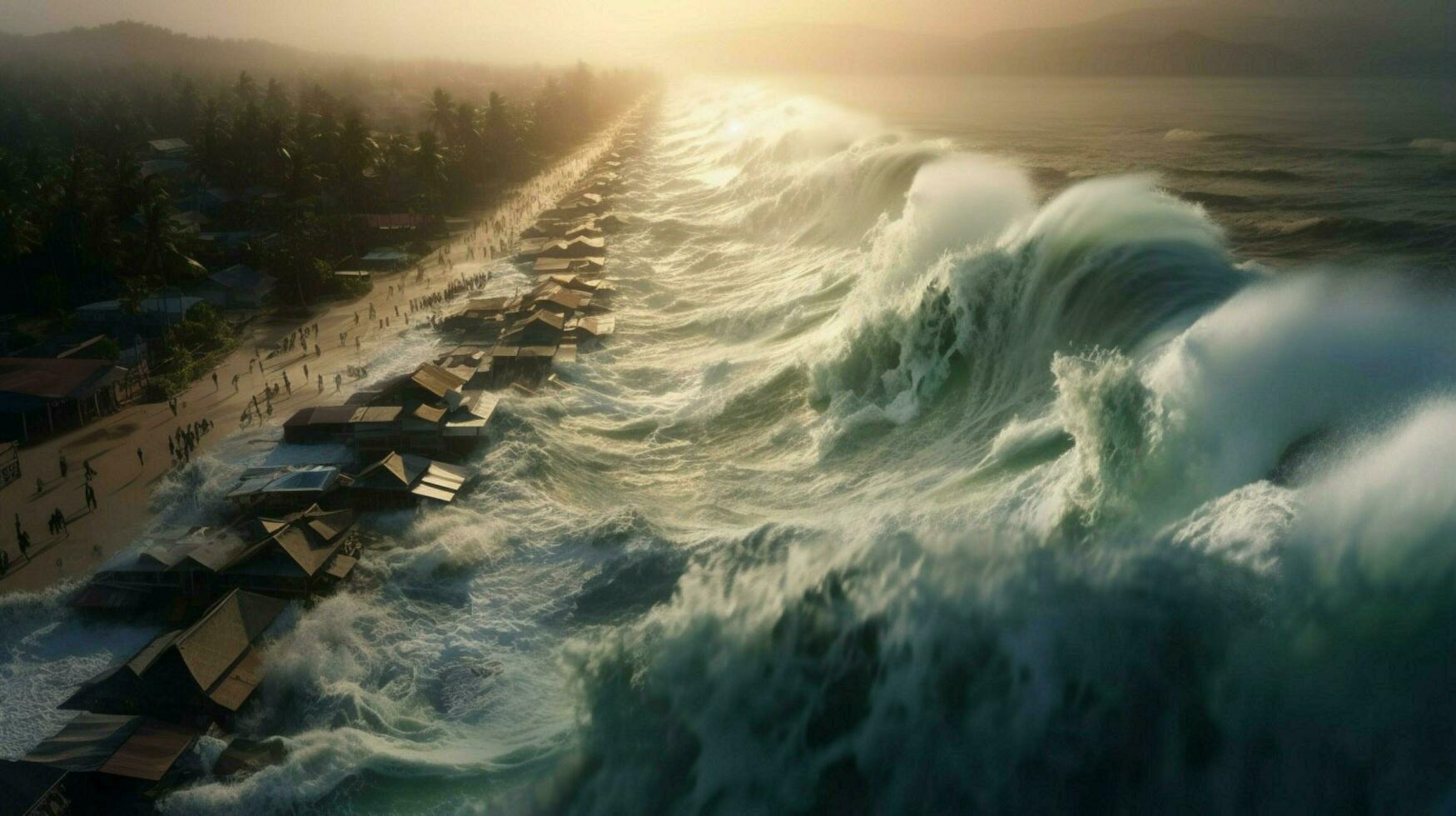 tsunami colpi litorale con massiccio onda allagamento foto