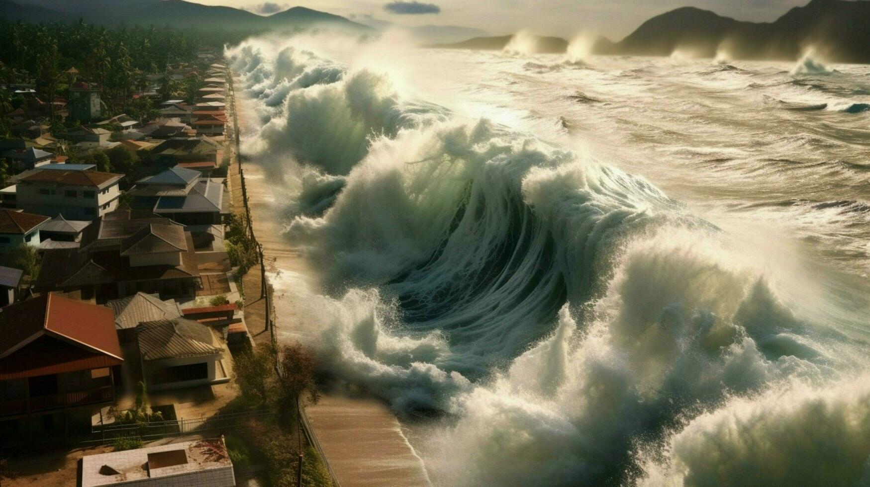 tsunami colpi litorale con massiccio onda allagamento foto