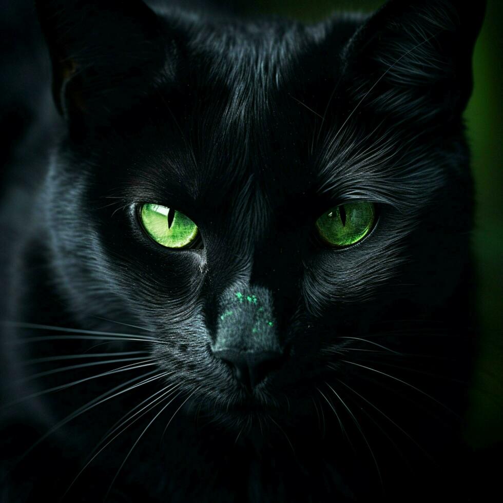 misterioso nero gatto con penetrante verde occhi foto