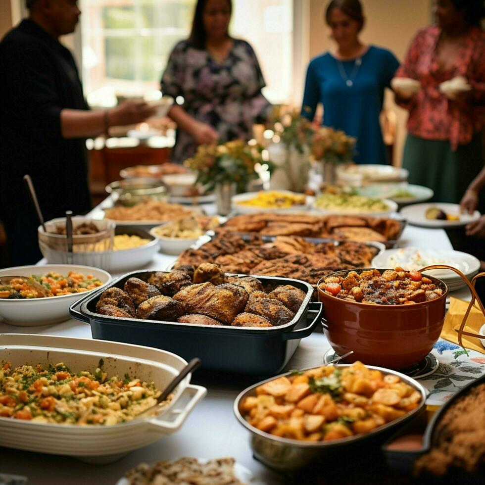 un' Comunità potluck con un' varietà di piatti foto