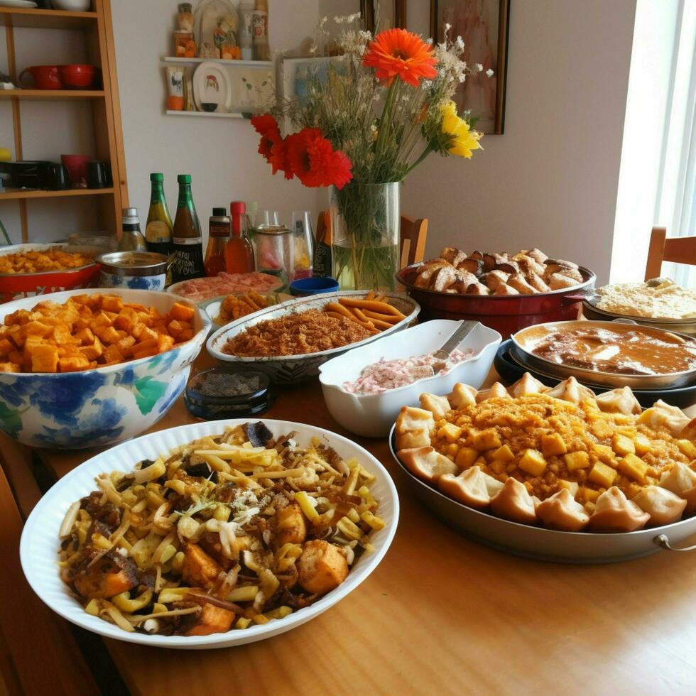 un' Comunità potluck con un' varietà di piatti foto