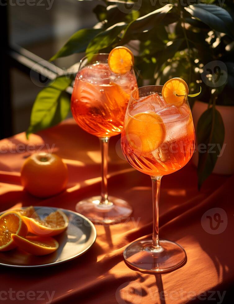 foto di alcuni aperol spritz bevanda elegantemente plated su un' tavolo. generativo ai