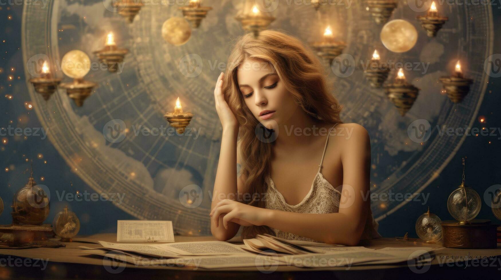 bellissimo ragazza circondato di un' dettagliato astrologico grafico simboleggiante il zodiaco. generativo ai foto