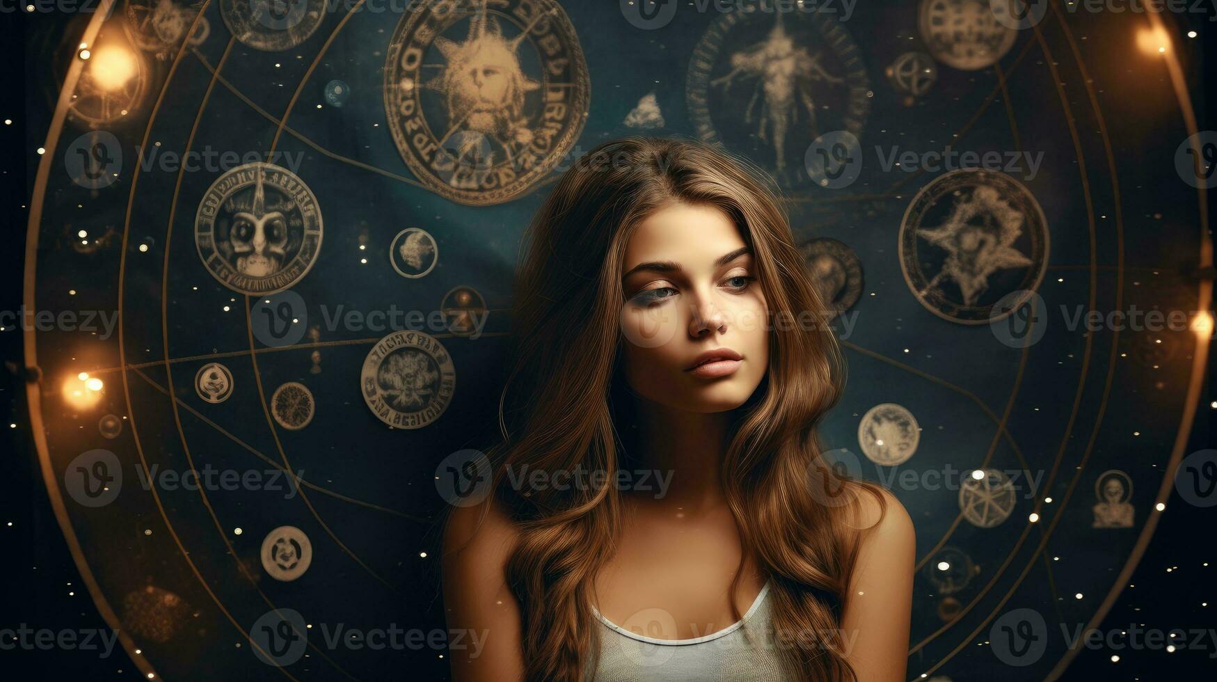 bellissimo ragazza circondato di un' dettagliato astrologico grafico simboleggiante il zodiaco. generativo ai foto