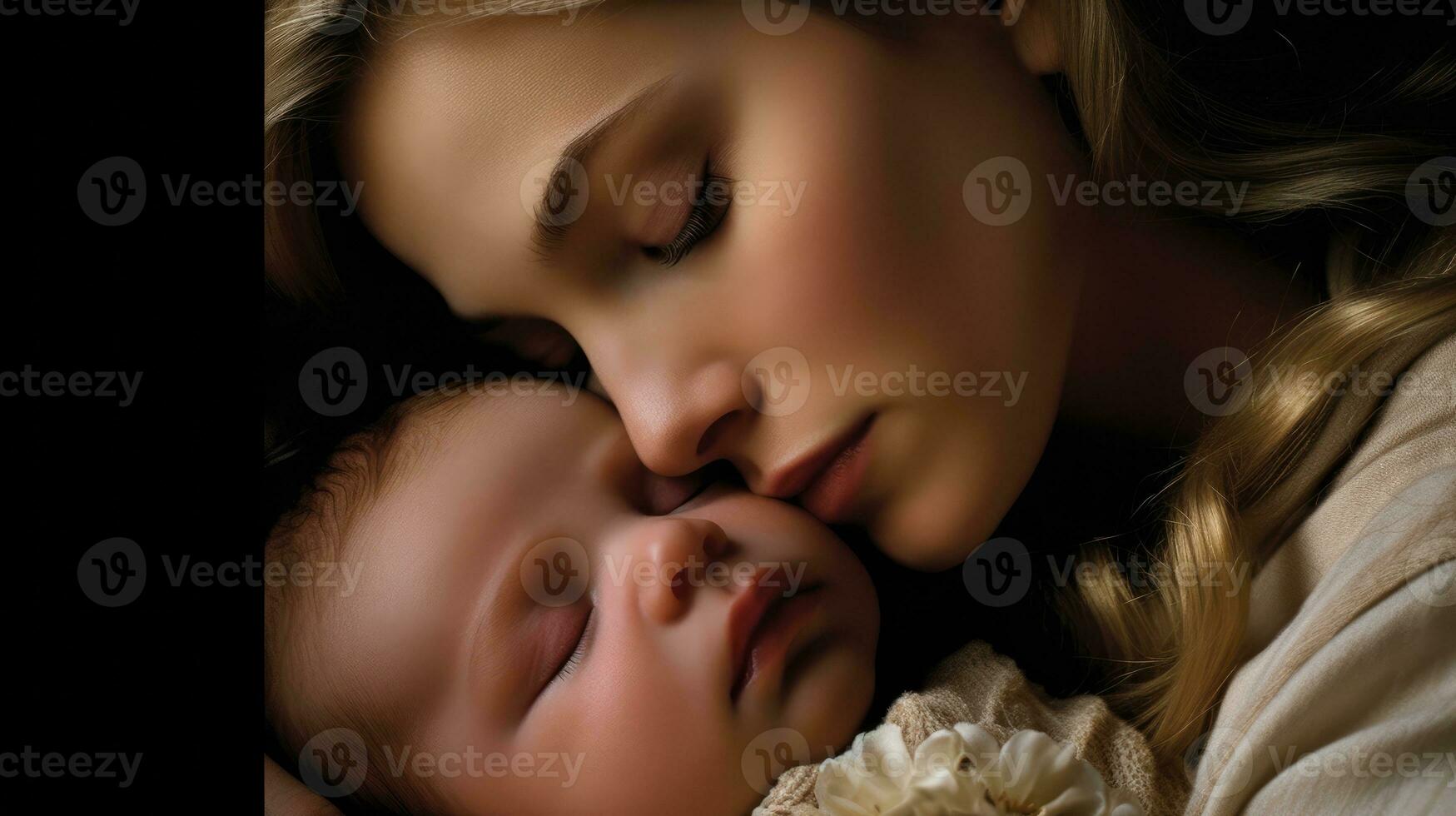un' madre delicatamente riposo sua del bambino testa su sua guancia. generativo ai foto