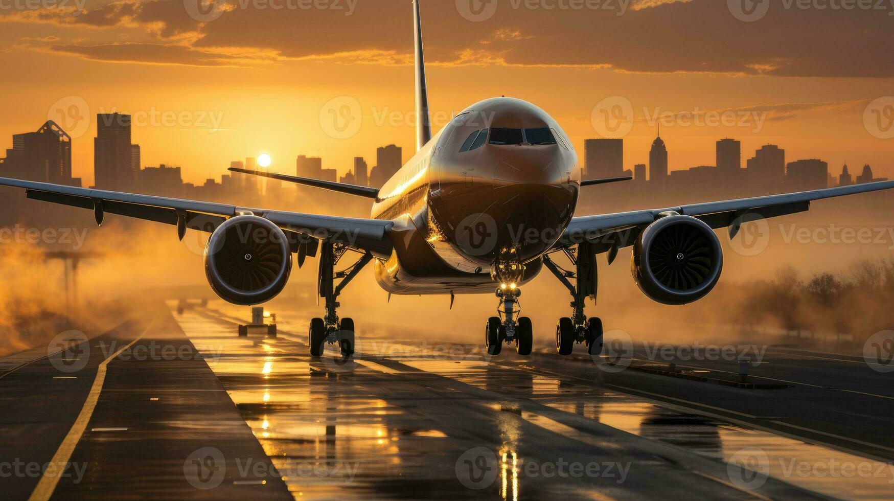 un' passeggeri aereo atterraggio su il aeroporto pista di decollo nel il ambientazione sole. generativo ai foto