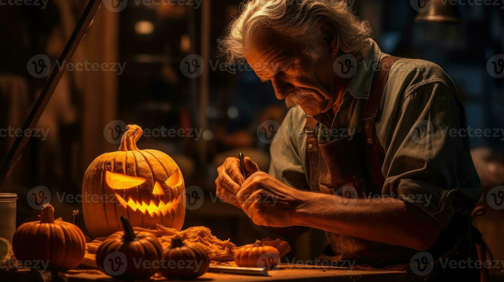 artigiano preparazione zucche per Halloween nel il suo officina. generativo ai foto