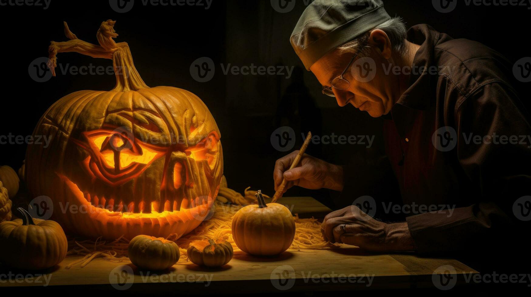 artigiano preparazione zucche per Halloween nel il suo officina. generativo ai foto