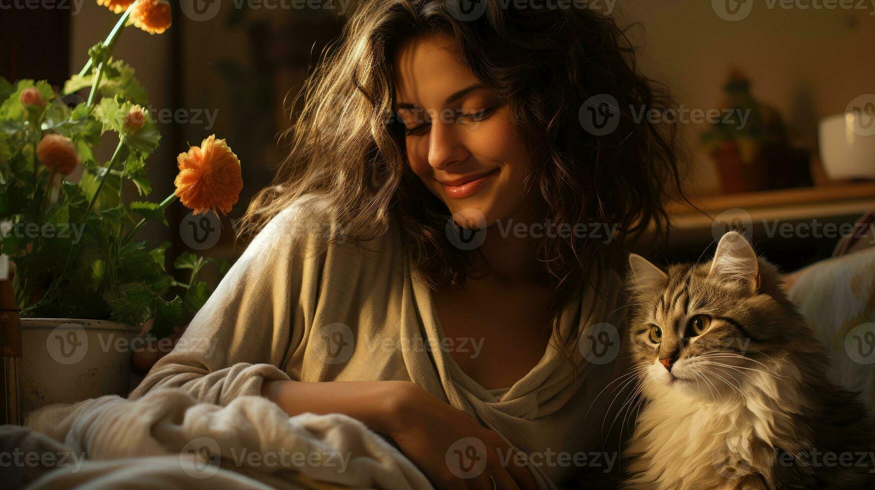 un' donna e sua animale domestico gatto scherzosamente giocare con loro condivisa legame e gatto giocattolo. generativo ai foto