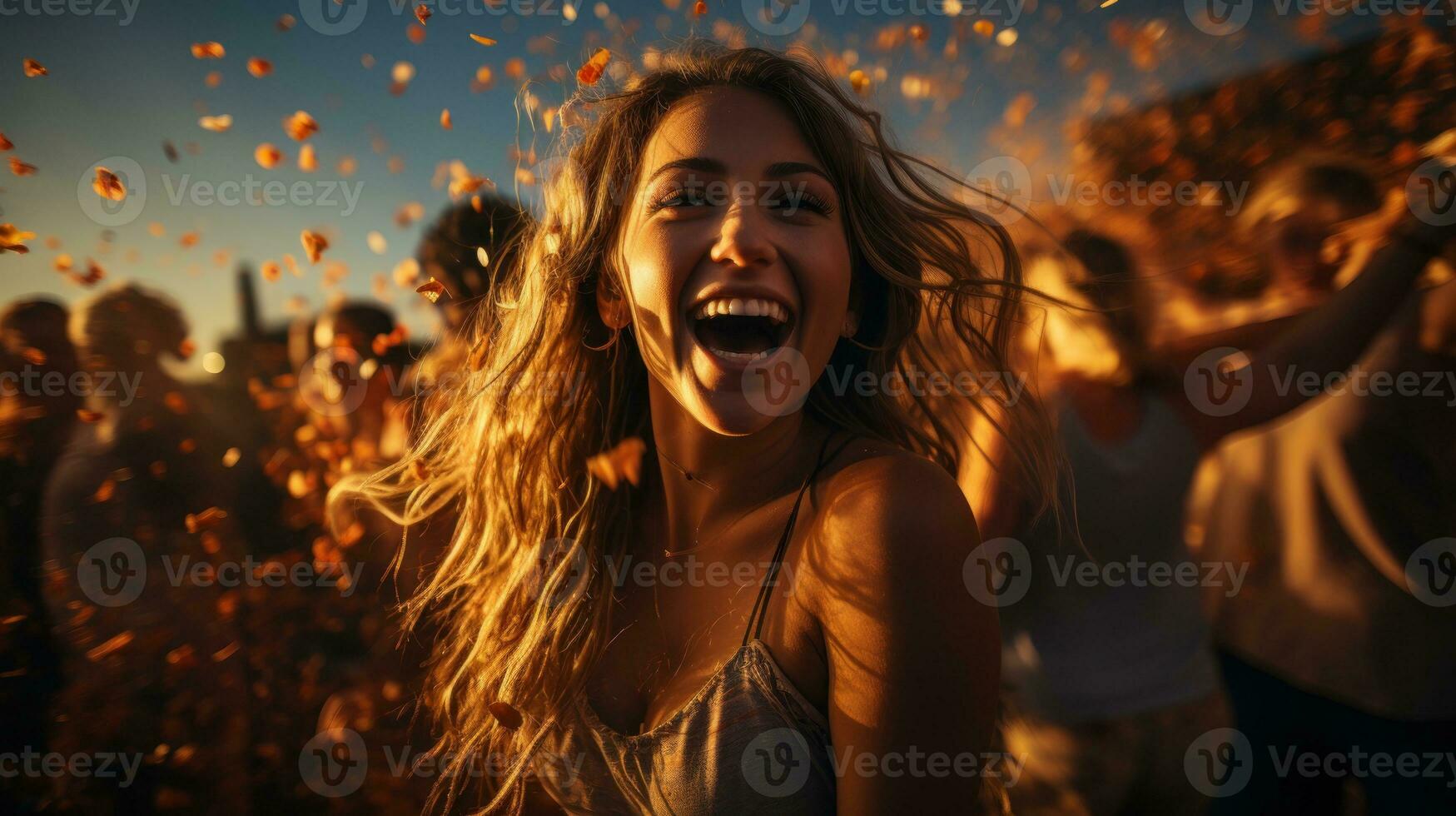 amici festeggiare con coriandoli su il spiaggia. generativo ai foto