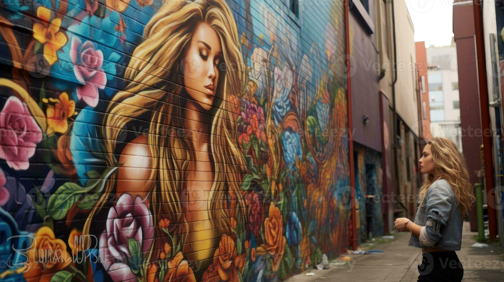 un artista mostre un' murale su un' lato strada nel il città. generativo ai foto