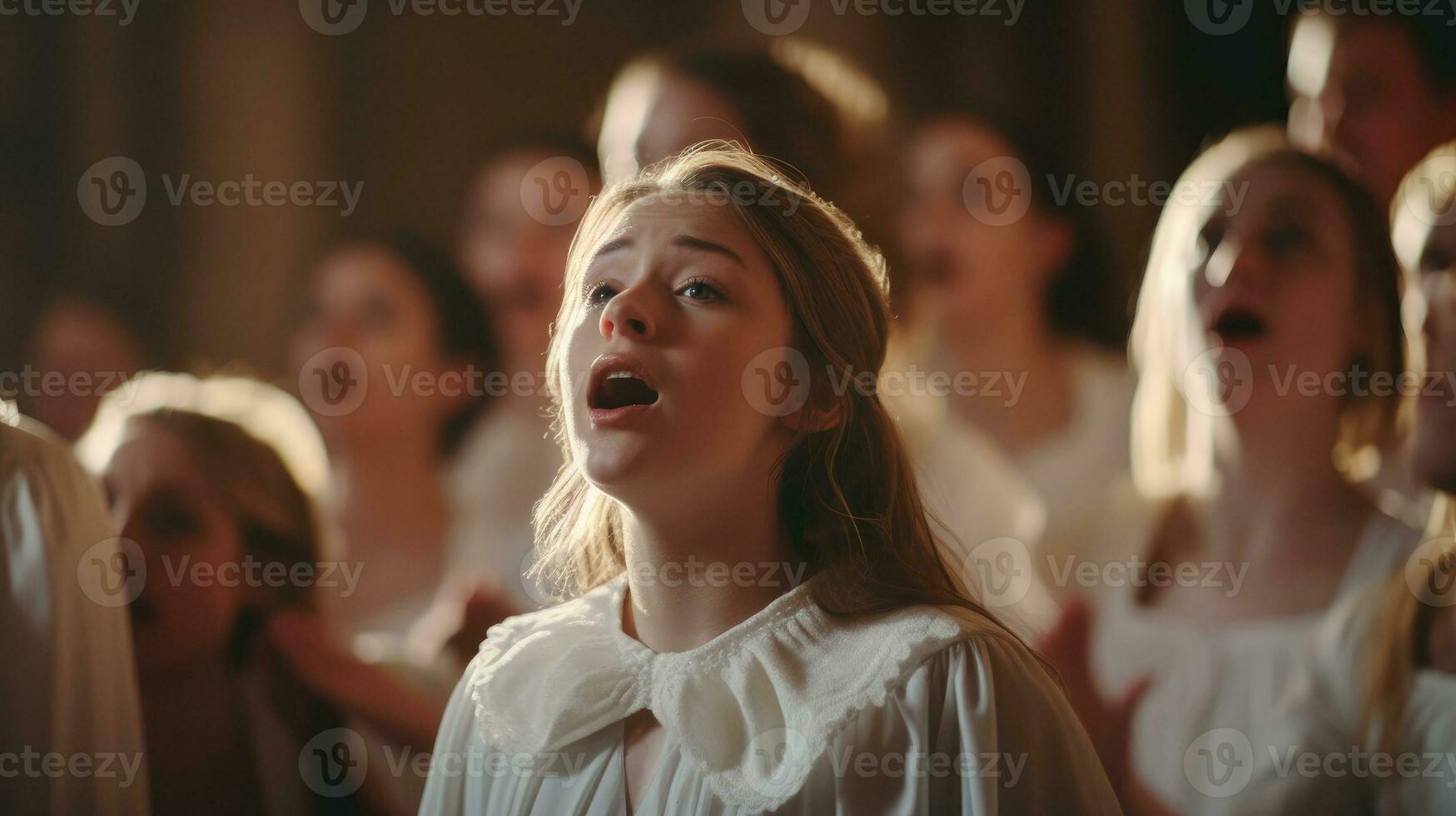 un' coro cantando durante Pasqua servizio nel un' storico Chiesa. generativo ai foto