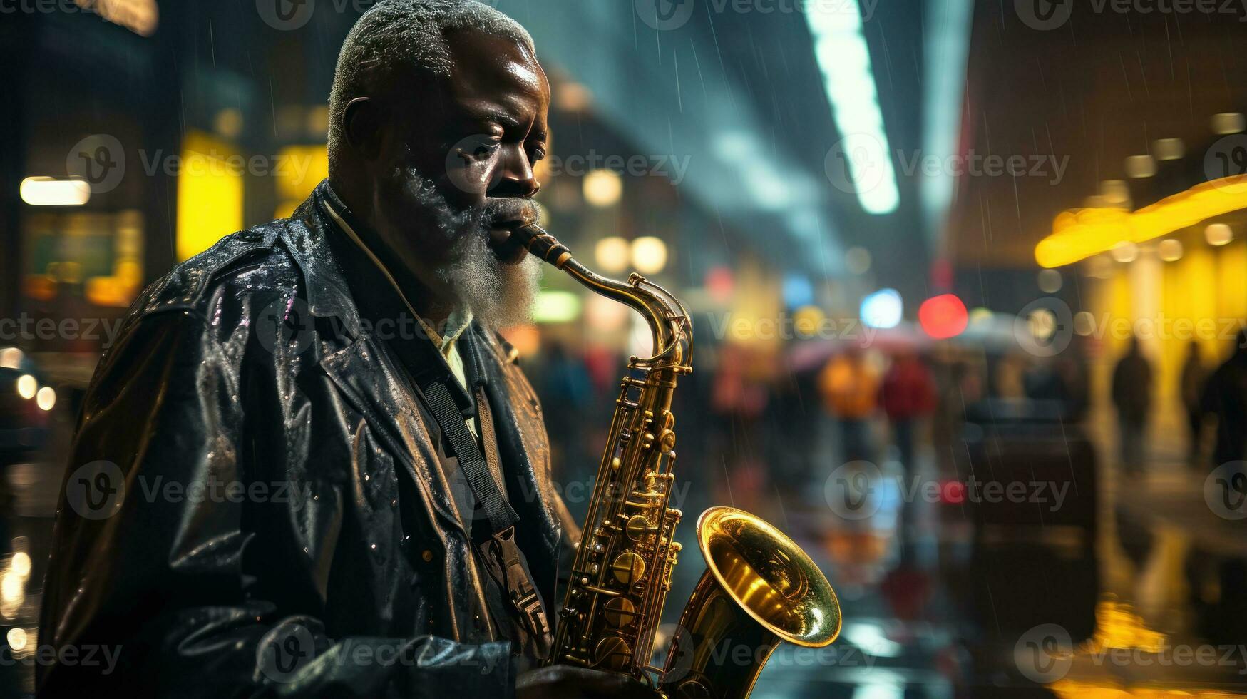 un' musicista giocando il sassofono su un' piovoso città strada. generativo ai foto