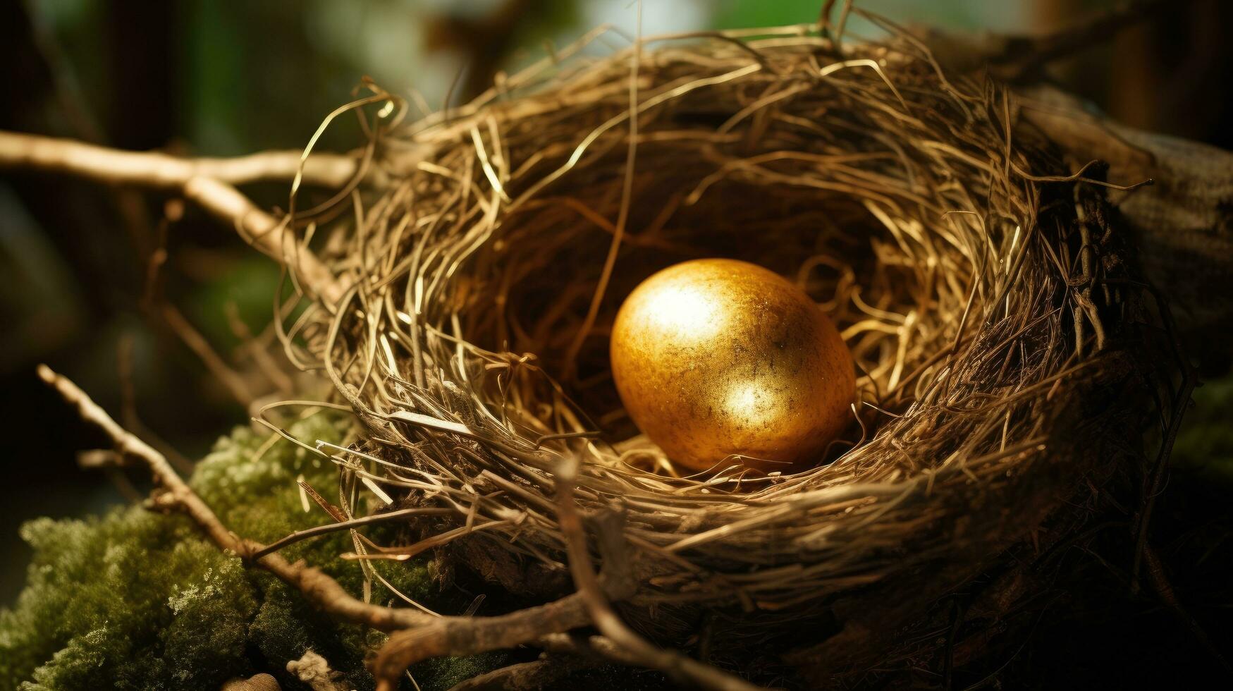 un' d'oro uovo scintillante tra il ramoscelli di un' uccelli nido. generativo ai foto